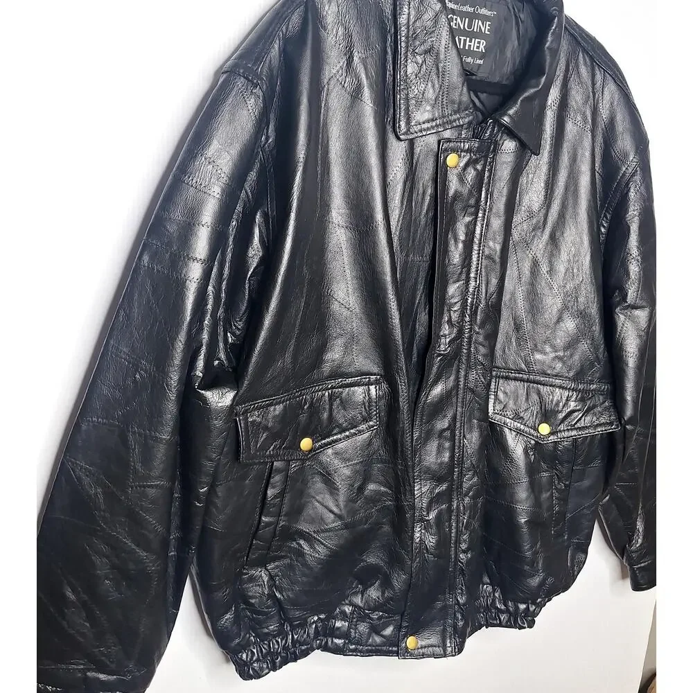 Vintage 90s Men's Leather Bomber Jacket Napoline Outfitters 2X Patchwork Black